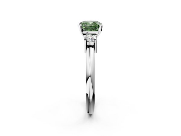 Platinum Three-Stone Fancy Green Cushion  Cut Diamond Solitaire with Prong Setting and Classic Band