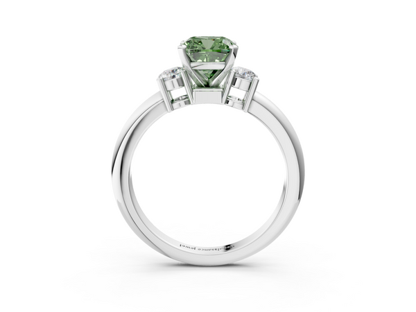 Platinum Three-Stone Fancy Green Cushion  Cut Diamond Solitaire with Prong Setting and Classic Band