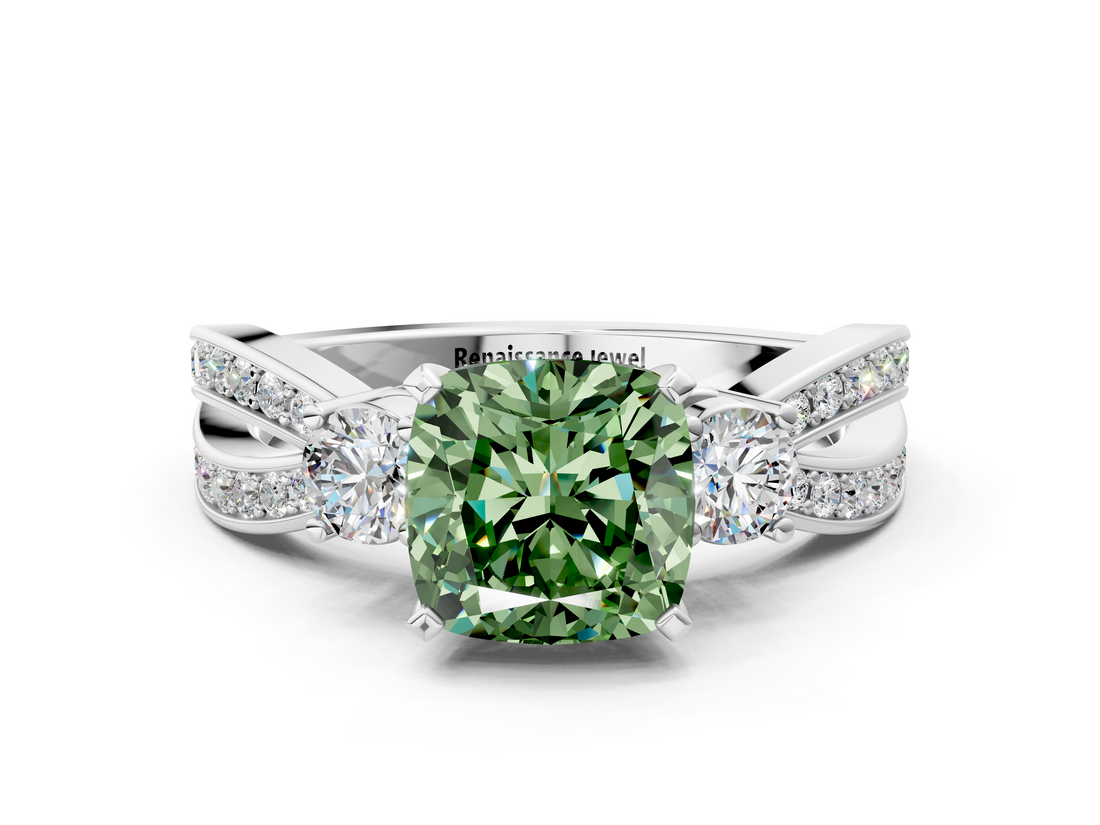 White gold Three-Stone Fancy Green Cushion  Cut Diamond Twist Band with Prong Setting_68