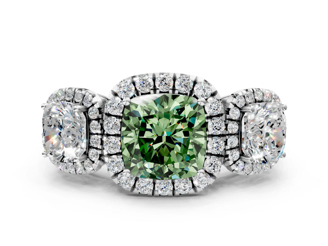 White gold Three-Stone Fancy Green Cushion Cut Halo Diamond Ring with Pave Band and Four-Prong Setting