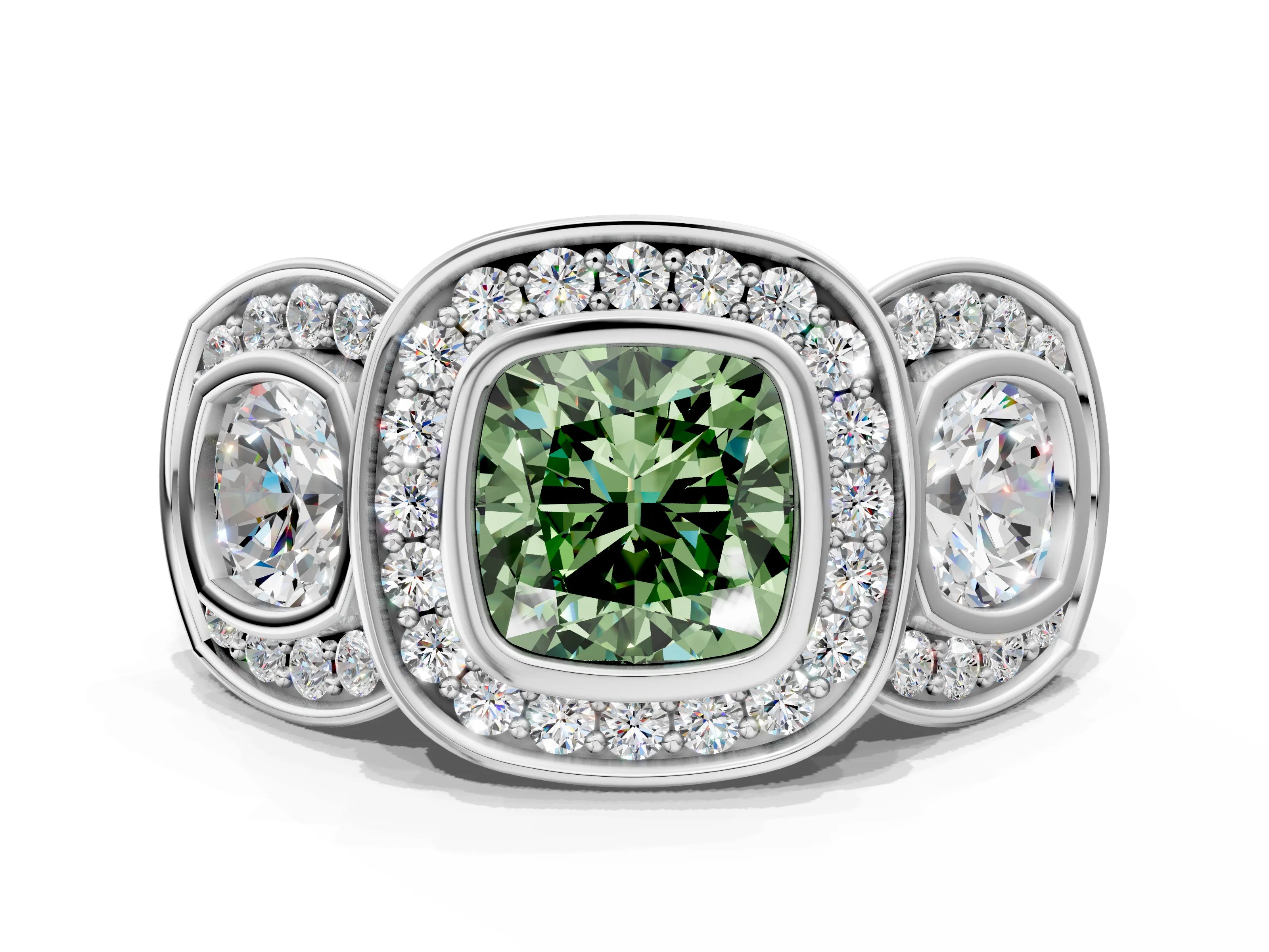 White gold Three-Stone Fancy Green Cushion Cut Halo Pavé Diamond Ring_12