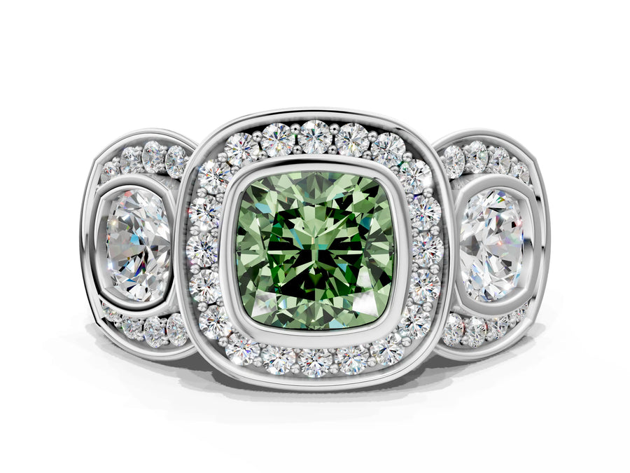 White gold Three-Stone Fancy Green Cushion Cut Halo Pavé Diamond Ring