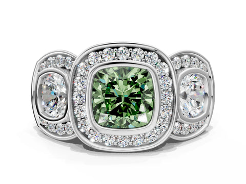 White gold Three-Stone Fancy Green Cushion Cut Halo Pavé Diamond Ring_12