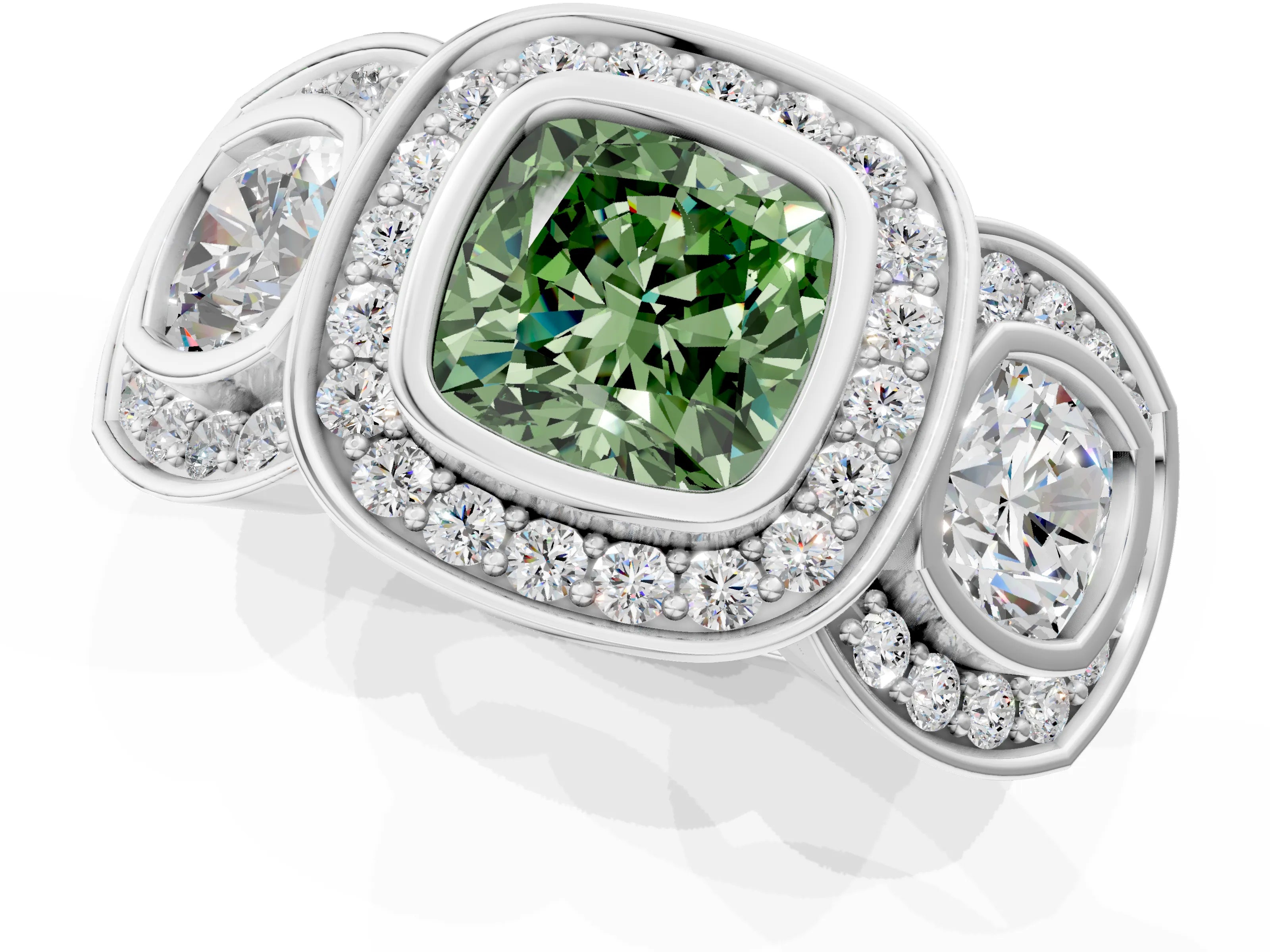 White gold Three-Stone Fancy Green Cushion Cut Halo Pavé Diamond Ring_13