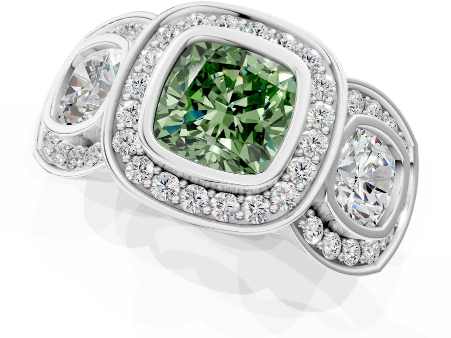 White gold Three-Stone Fancy Green Cushion Cut Halo Pavé Diamond Ring