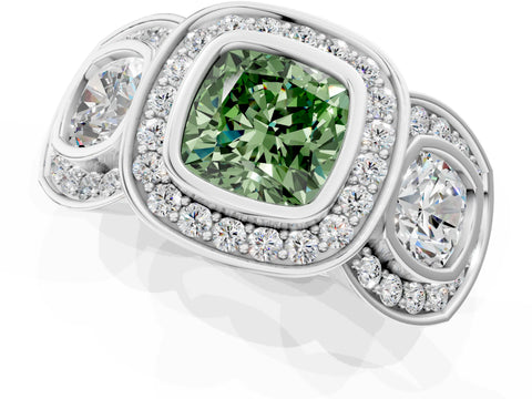 White gold Three-Stone Fancy Green Cushion Cut Halo Pavé Diamond Ring_13