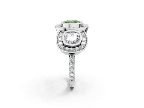 White gold Three-Stone Fancy Green Cushion Cut Halo Pavé Diamond Ring_14