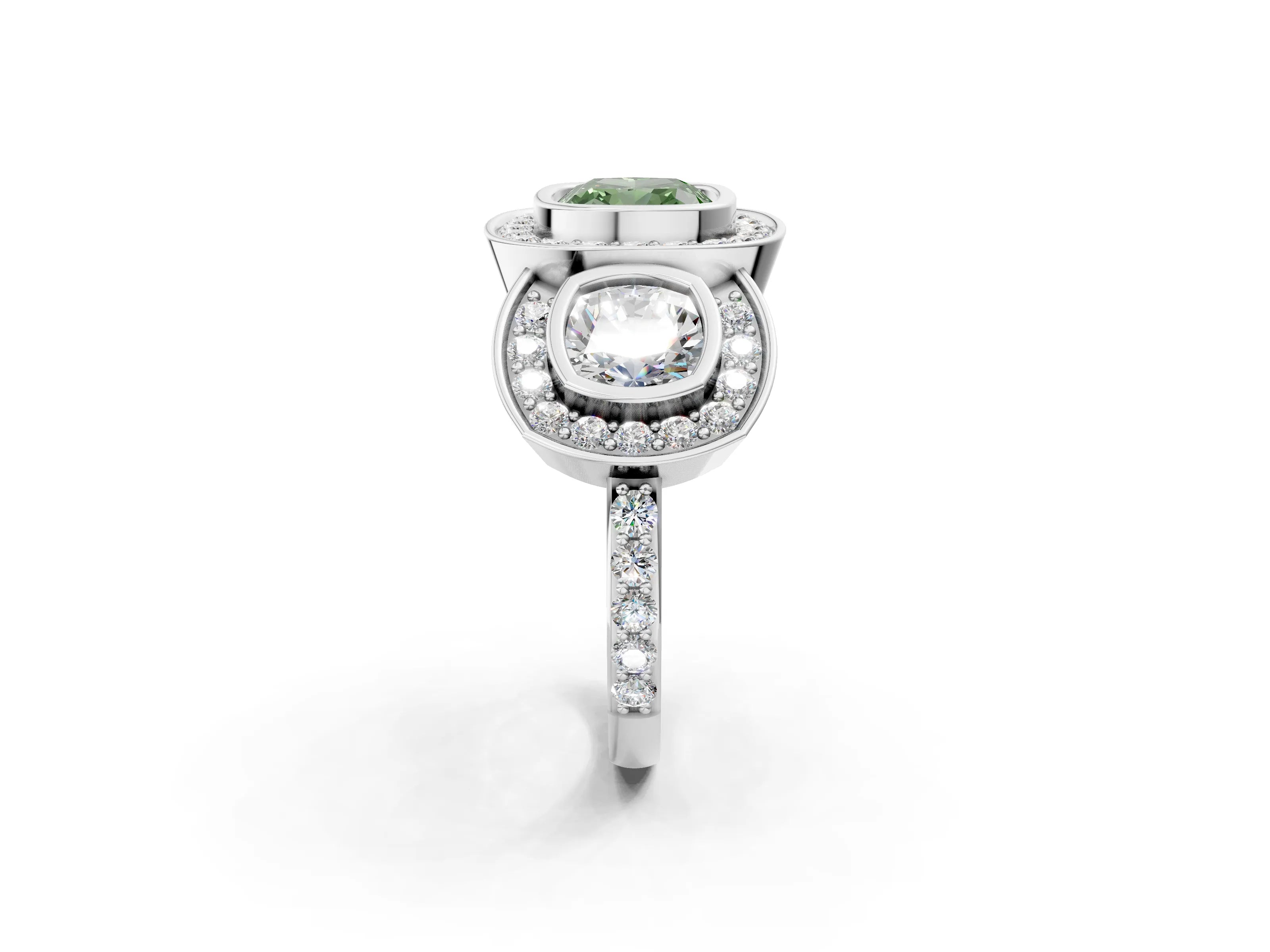 White gold Three-Stone Fancy Green Cushion Cut Halo Pavé Diamond Ring_14