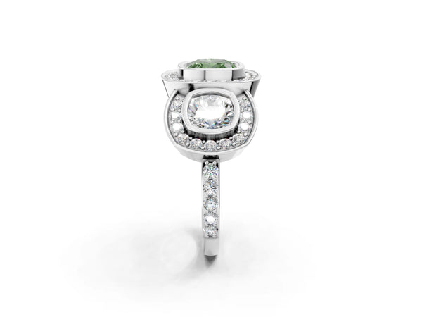 White gold Three-Stone Fancy Green Cushion Cut Halo Pavé Diamond Ring