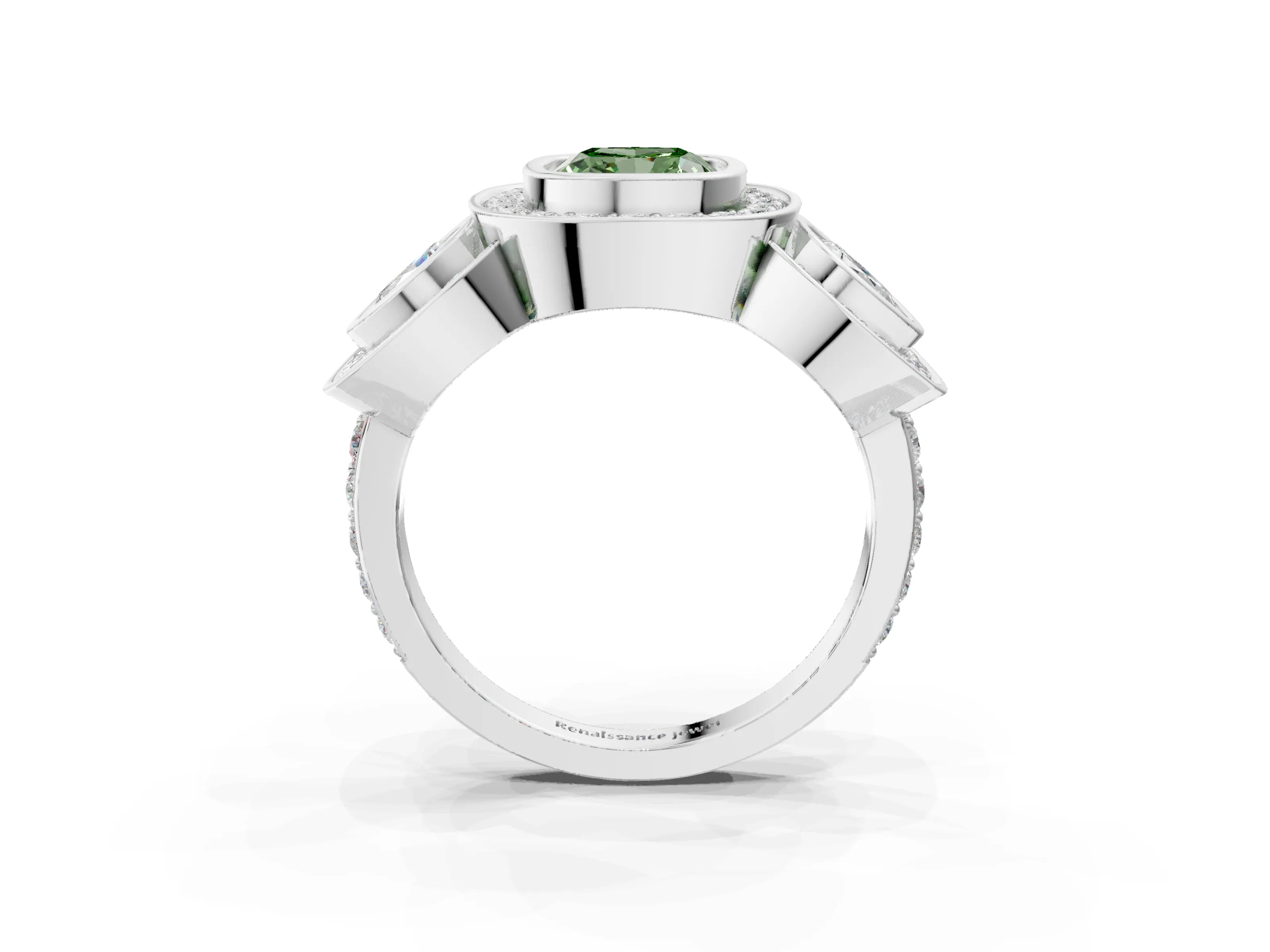 White gold Three-Stone Fancy Green Cushion Cut Halo Pavé Diamond Ring_15
