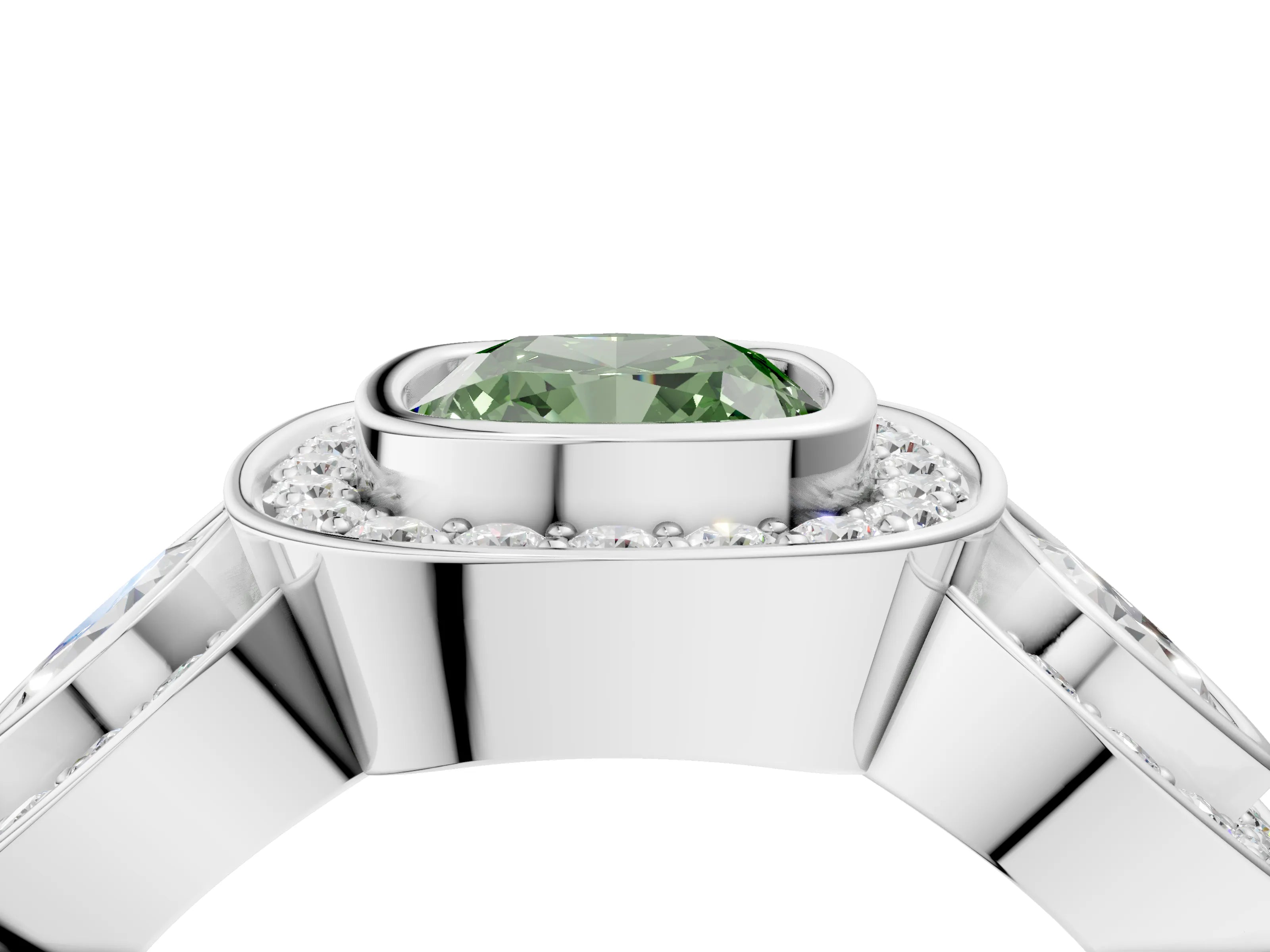 White gold Three-Stone Fancy Green Cushion Cut Halo Pavé Diamond Ring_16