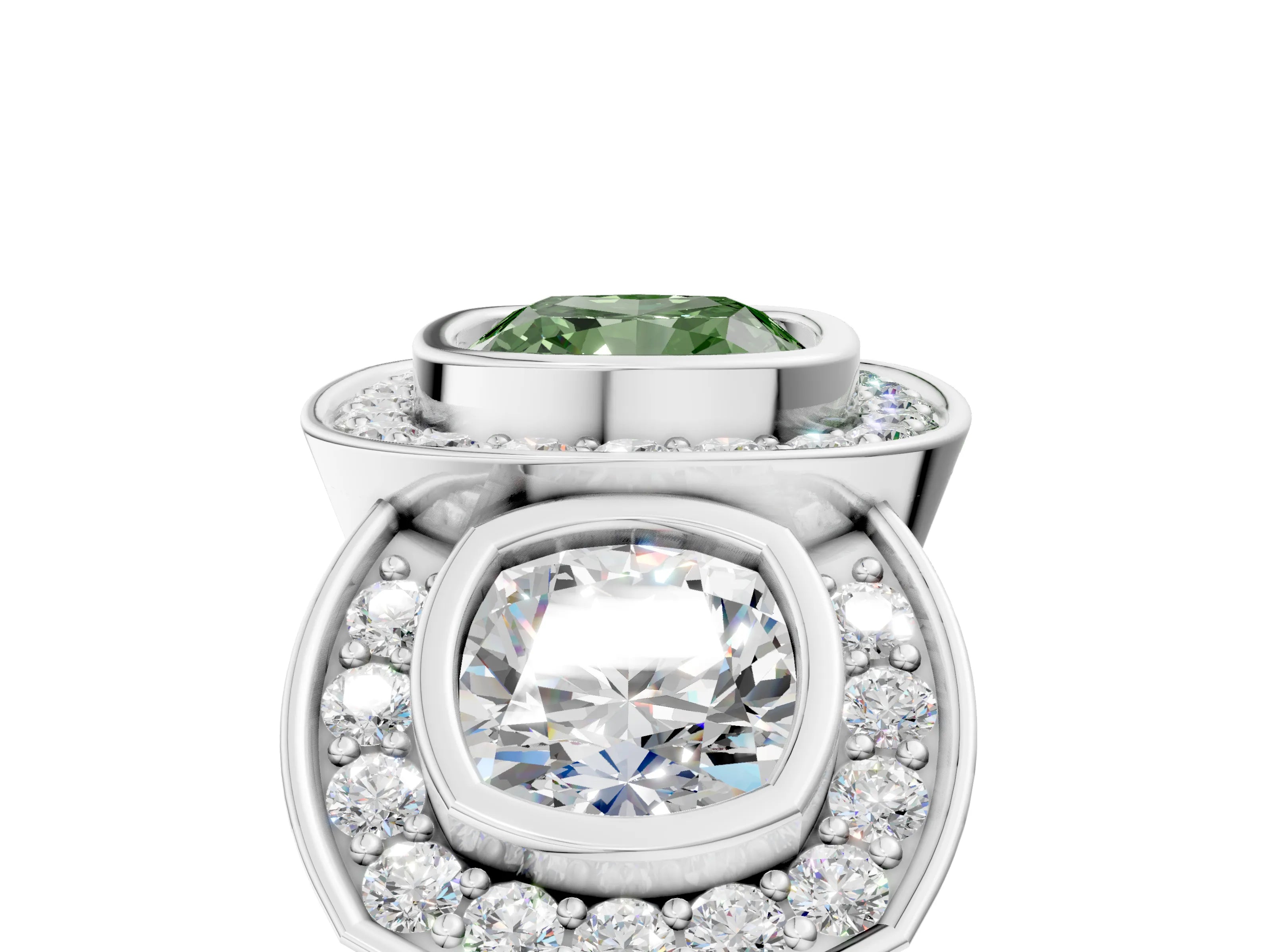 White gold Three-Stone Fancy Green Cushion Cut Halo Pavé Diamond Ring_17