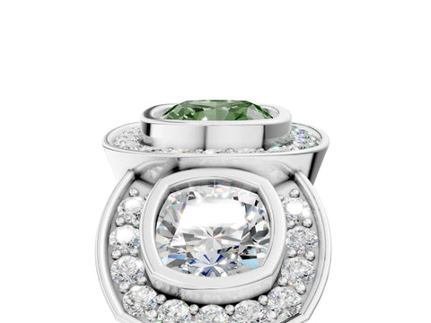 White gold Three-Stone Fancy Green Cushion Cut Halo Pavé Diamond Ring_17