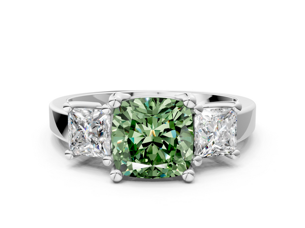 Platinum Three-Stone Fancy Green Cushion  Cut Solitaire Ring with Prong Setting