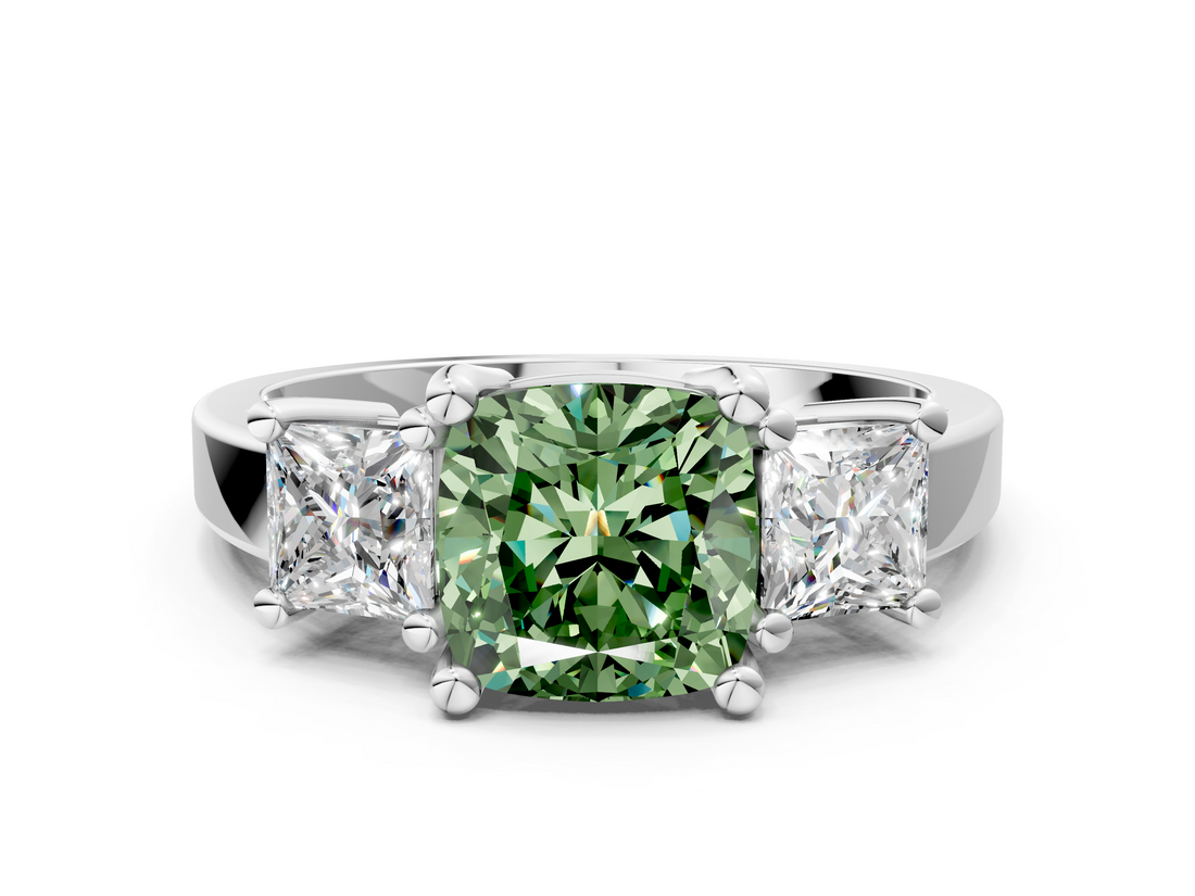 White gold Three-Stone Fancy Green Cushion  Cut Solitaire Ring with Prong Setting_3
