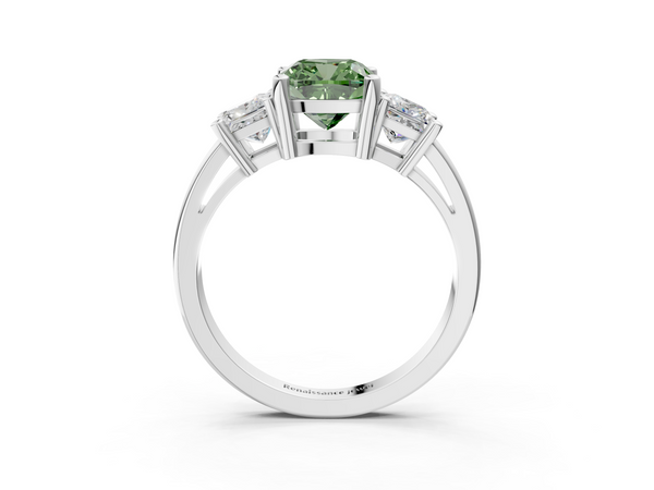 Platinum Three-Stone Fancy Green Cushion  Cut Solitaire Ring with Prong Setting