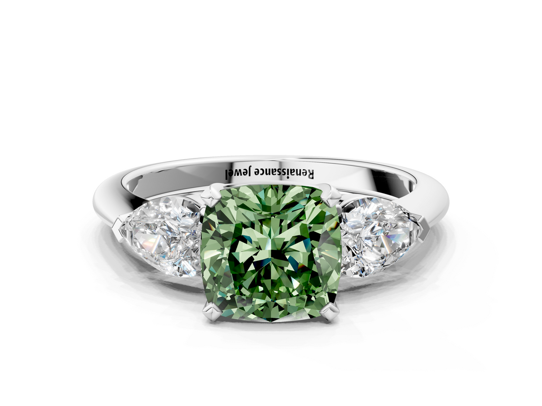 White gold Three-Stone Fancy Green Cushion  Diamond Ring with Pear Side Stones in Four-Prong Setting_59