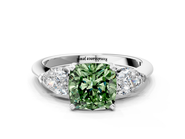 Platinum Three-Stone Fancy Green Cushion Cut Diamond Ring with Pear Side Stones and Four-Prong Setting