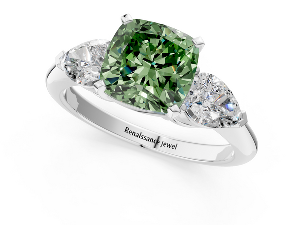 Platinum Three-Stone Fancy Green Cushion Cut Diamond Ring with Pear Side Stones and Four-Prong Setting