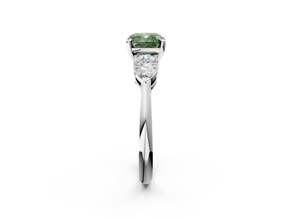 Platinum Three-Stone Fancy Green Cushion Cut Diamond Ring with Pear Side Stones and Four-Prong Setting