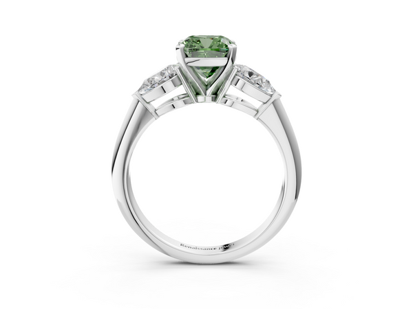 Platinum Three-Stone Fancy Green Cushion Cut Diamond Ring with Pear Side Stones and Four-Prong Setting