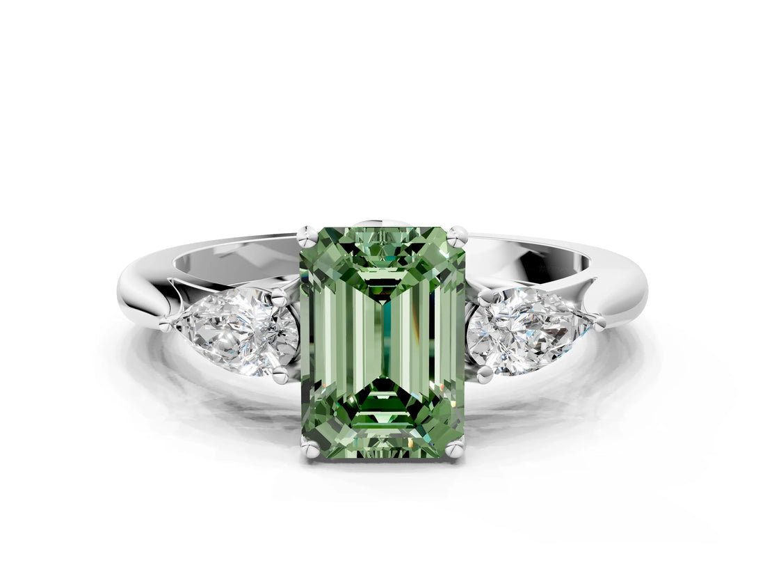White gold Three-Stone Fancy Green Emerald Cut Brilliant Diamond Solitaire Ring with Tapered Band and Four-Prong Setting_31