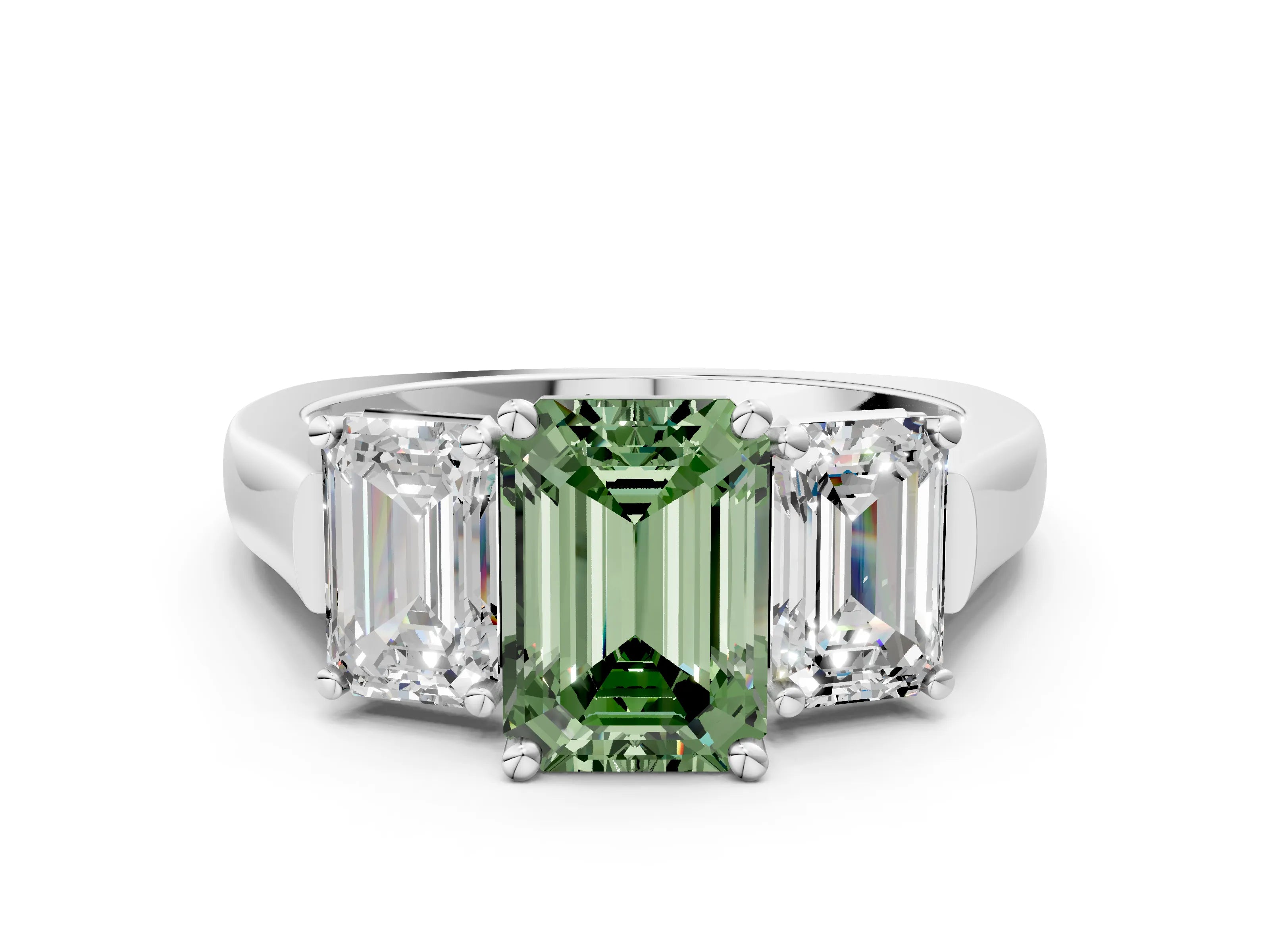 White gold Three-Stone Fancy Green Emerald Cut Brilliant Diamond Trellis Ring with Comfort Fit Band_12