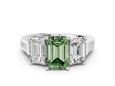 White gold Three-Stone Fancy Green Emerald Cut Brilliant Diamond Trellis Ring with Comfort Fit Band_12