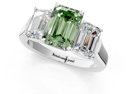 White gold Three-Stone Fancy Green Emerald Cut Brilliant Diamond Trellis Ring with Comfort Fit Band_13