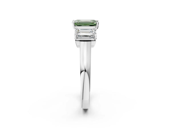 White gold Three-Stone Fancy Green Emerald Cut Brilliant Diamond Trellis Ring with Comfort Fit Band