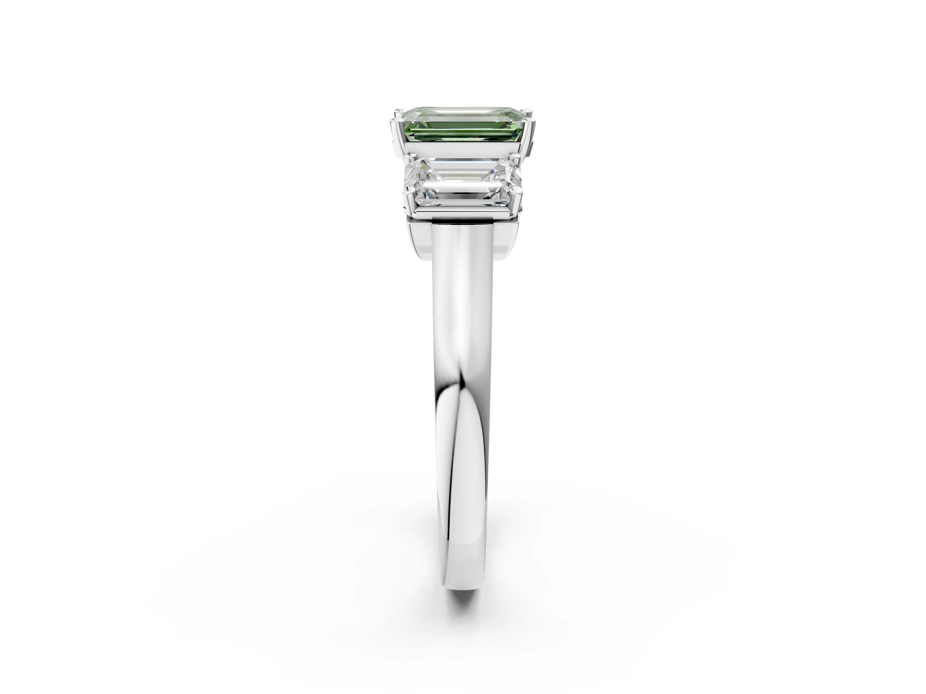 White gold Three-Stone Fancy Green Emerald Cut Brilliant Diamond Trellis Ring with Comfort Fit Band_14