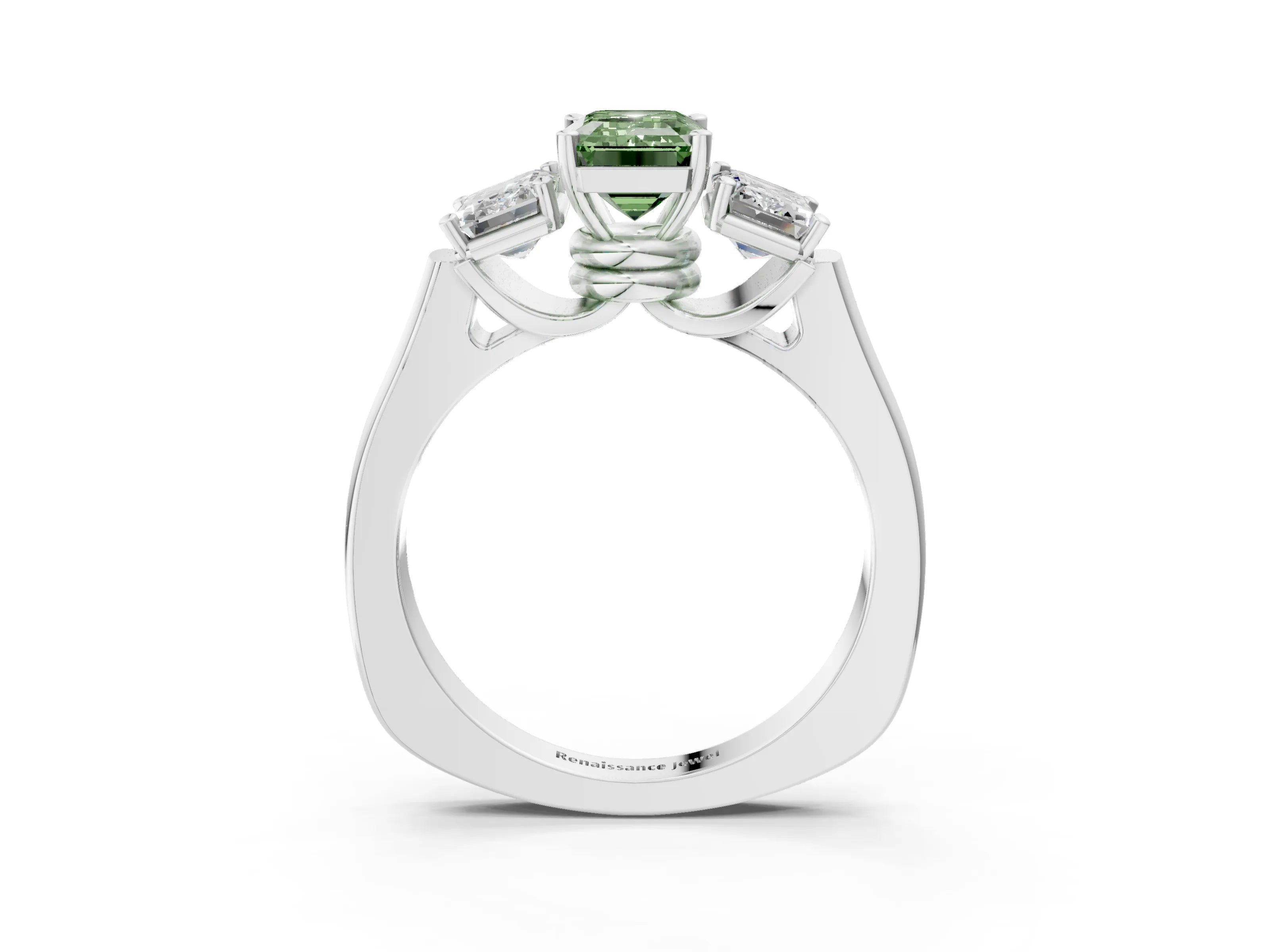 White gold Three-Stone Fancy Green Emerald Cut Brilliant Diamond Trellis Ring with Comfort Fit Band_15