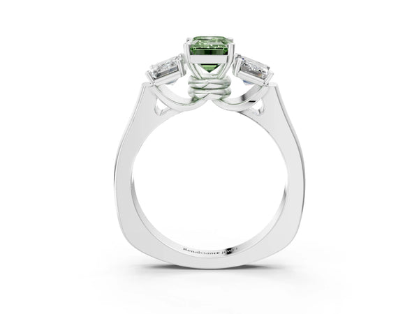 White gold Three-Stone Fancy Green Emerald Cut Brilliant Diamond Trellis Ring with Comfort Fit Band
