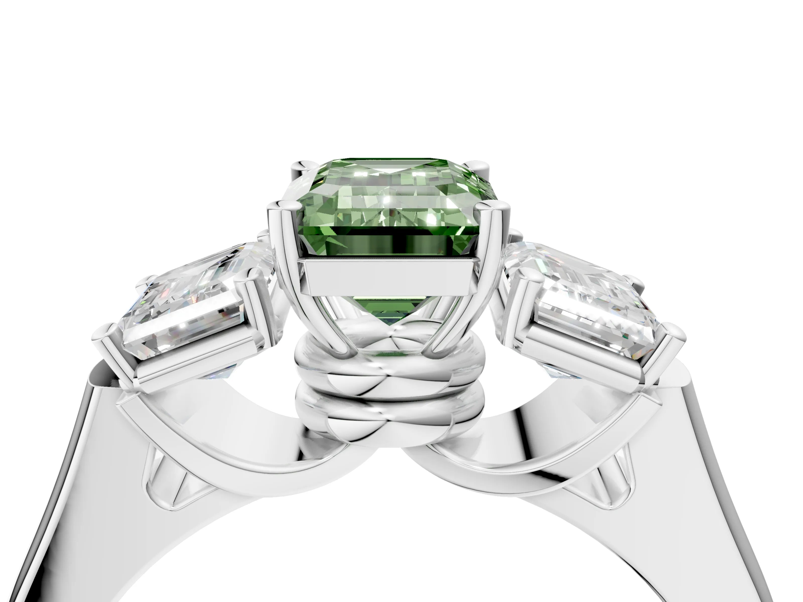 White gold Three-Stone Fancy Green Emerald Cut Brilliant Diamond Trellis Ring with Comfort Fit Band_16