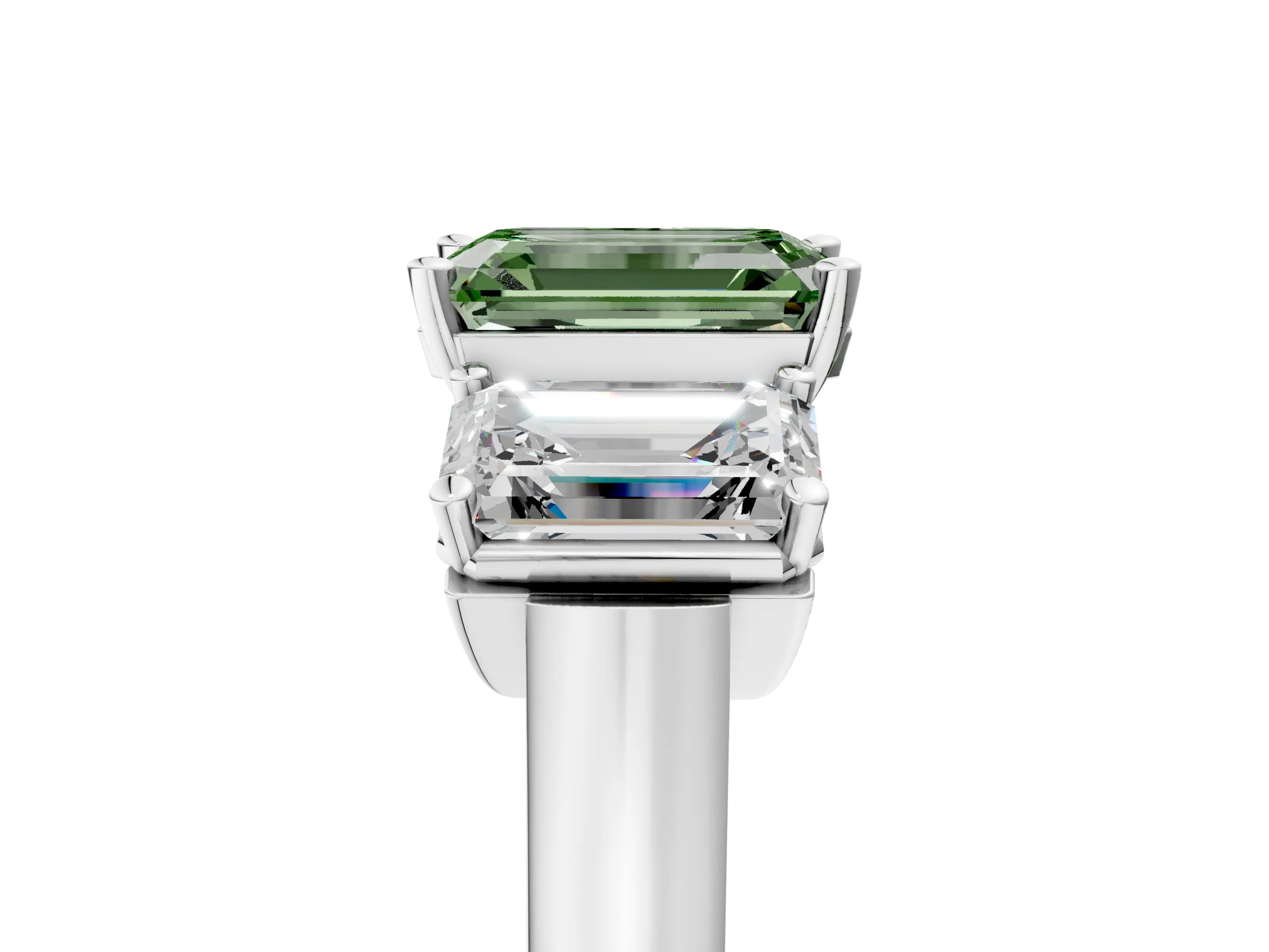 White gold Three-Stone Fancy Green Emerald Cut Brilliant Diamond Trellis Ring with Comfort Fit Band_17