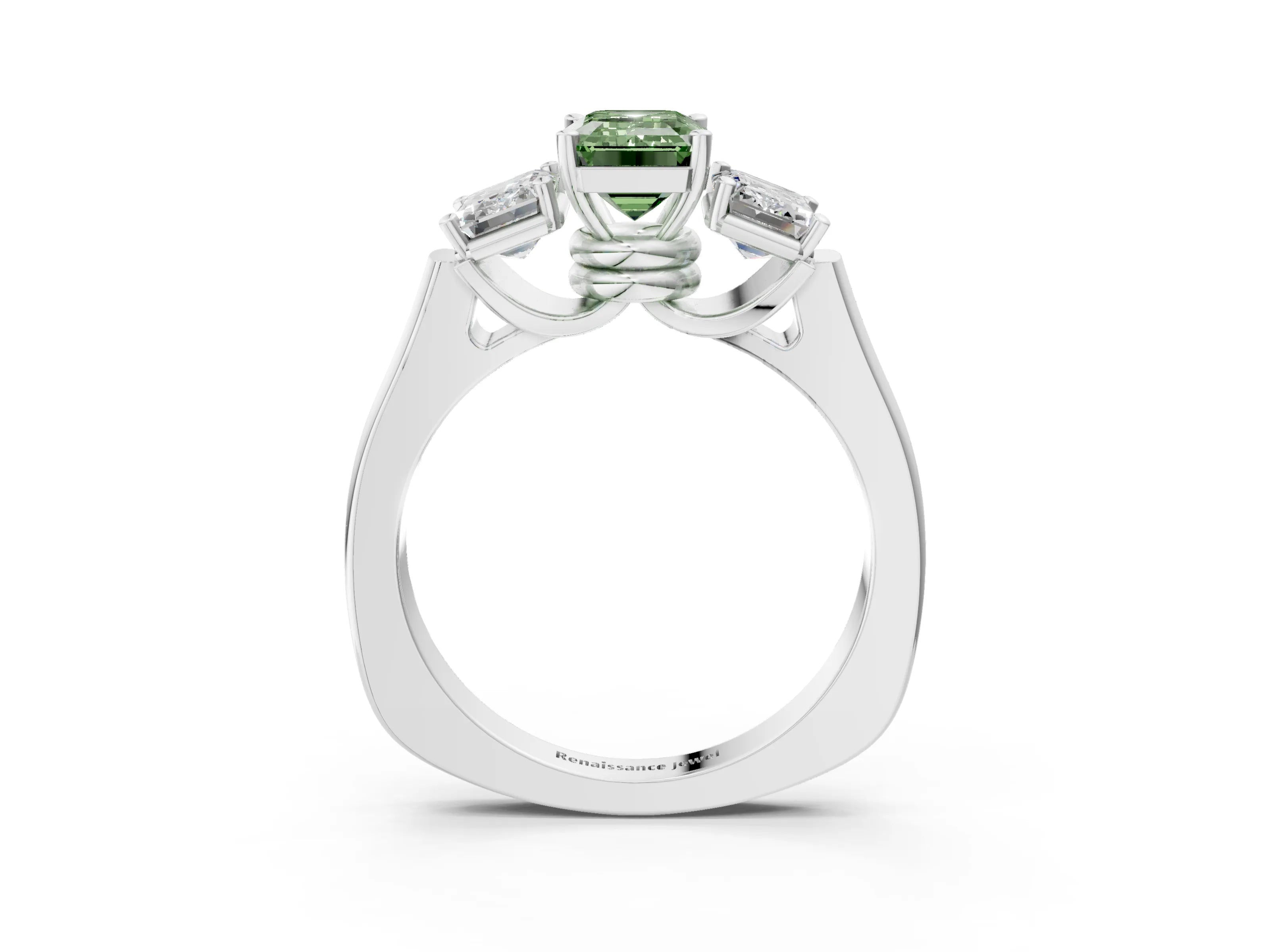 White gold Three-Stone Fancy Green Emerald Cut Brilliant Diamond Trellis Ring with Comfort Fit Band_3