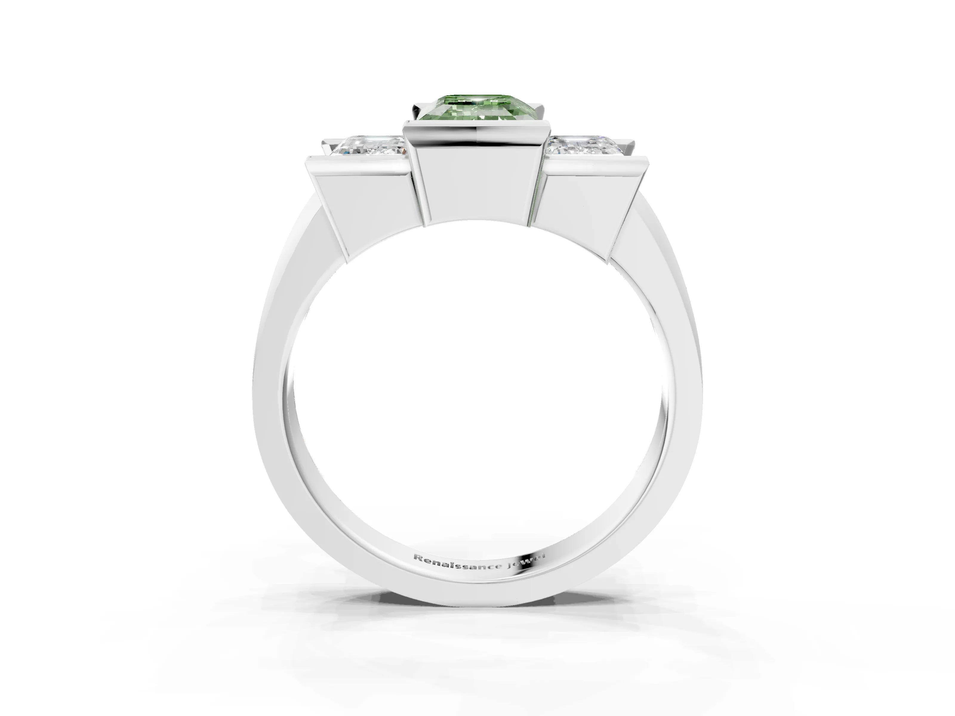 White gold Three Stone Fancy Green Emerald Cut Cut Channel Set Diamond Ring_15