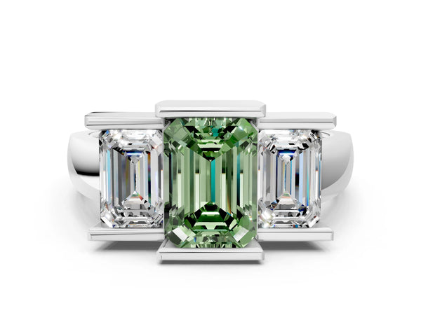 Platinum Three Stone Fancy Green Emerald Cut Cut Channel Set Diamond Ring