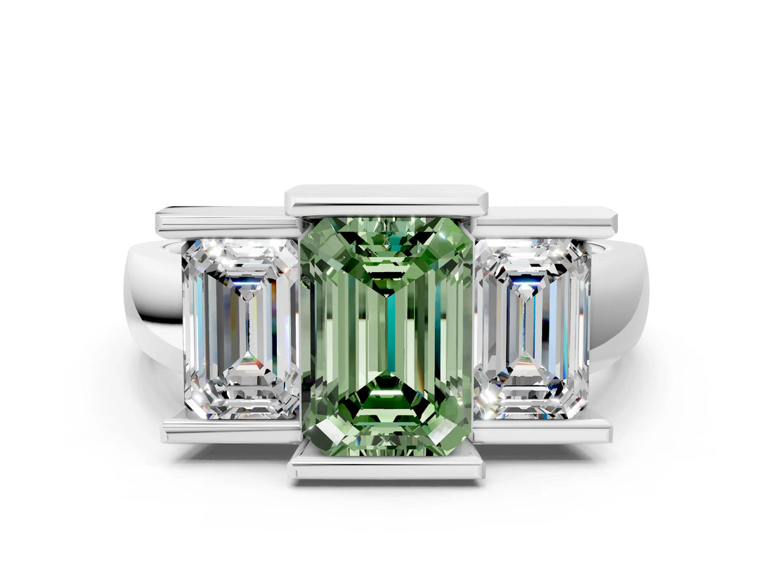 White gold Three Stone Fancy Green Emerald Cut Cut Channel Set Diamond Ring_24