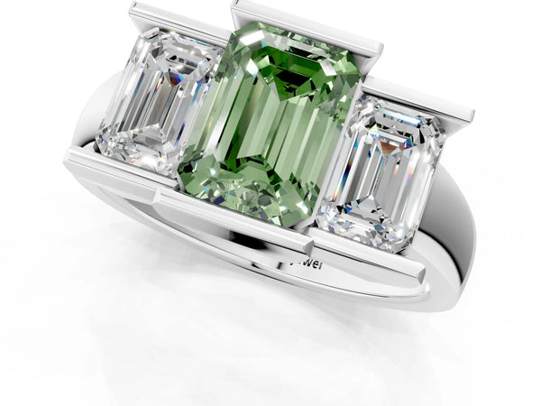 Platinum Three Stone Fancy Green Emerald Cut Cut Channel Set Diamond Ring