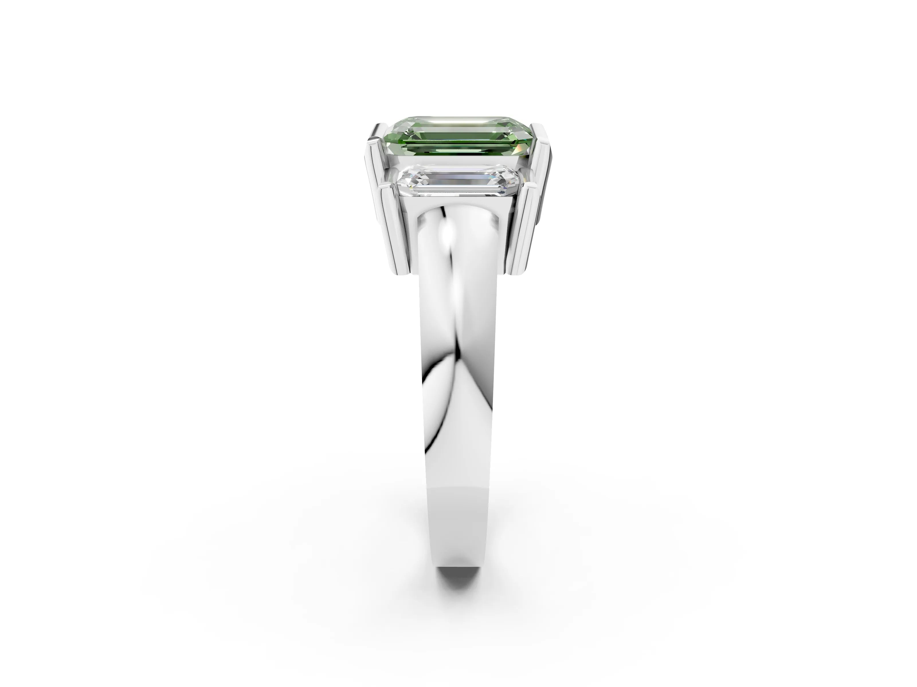White gold Three Stone Fancy Green Emerald Cut Cut Channel Set Diamond Ring_26