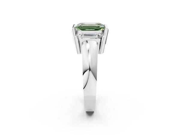 Platinum Three Stone Fancy Green Emerald Cut Cut Channel Set Diamond Ring