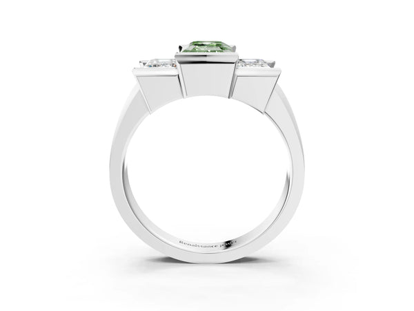 Platinum Three Stone Fancy Green Emerald Cut Cut Channel Set Diamond Ring