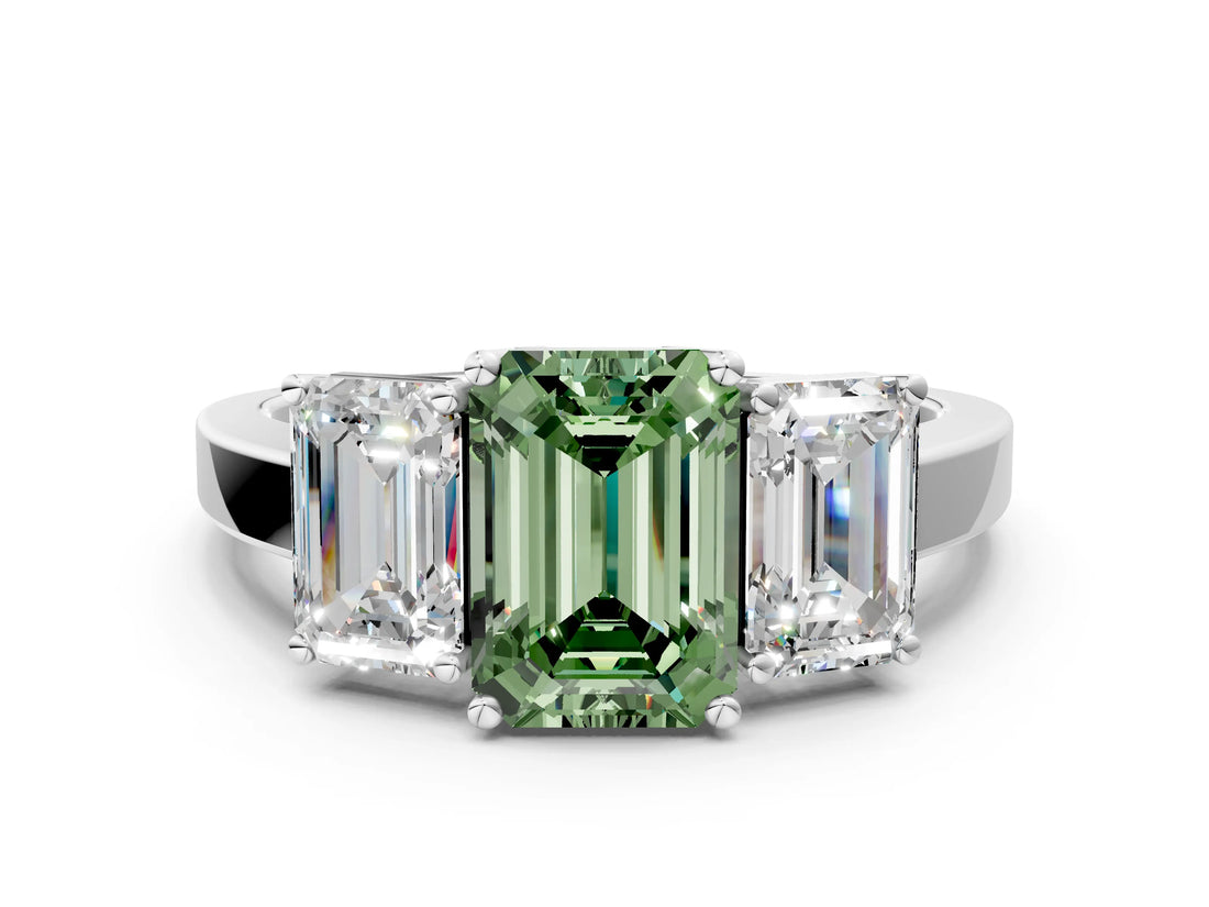 White gold Three-Stone Fancy Green Emerald Cut Cut Diamond Engagement Ring with Flat Band and Four-Prong Setting_12