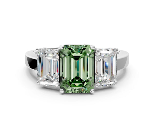 White gold Three-Stone Fancy Green Emerald Cut Cut Diamond Engagement Ring with Flat Band and Four-Prong Setting