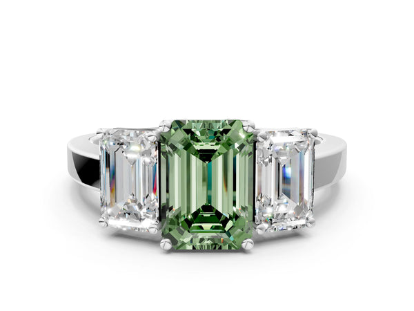 White gold Three-Stone Fancy Green Emerald Cut Cut Diamond Engagement Ring with Flat Band and Four-Prong Setting