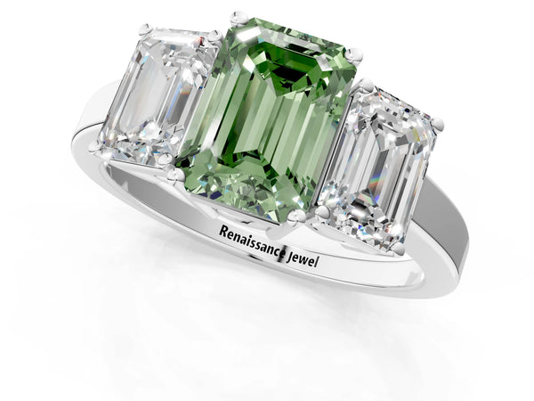 White gold Three-Stone Fancy Green Emerald Cut Cut Diamond Engagement Ring with Flat Band and Four-Prong Setting