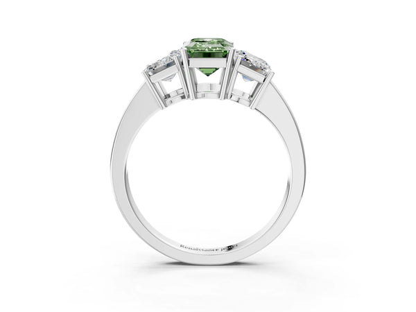 White gold Three-Stone Fancy Green Emerald Cut Cut Diamond Engagement Ring with Flat Band and Four-Prong Setting