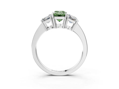White gold Three-Stone Fancy Green Emerald Cut Cut Diamond Engagement Ring with Flat Band and Four-Prong Setting_15