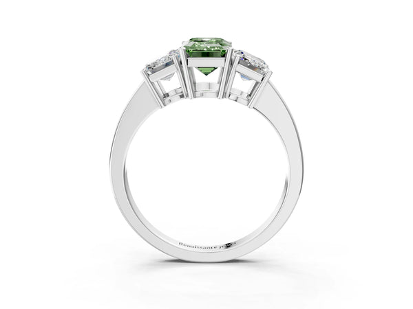 White gold Three-Stone Fancy Green Emerald Cut Cut Diamond Engagement Ring with Flat Band and Four-Prong Setting